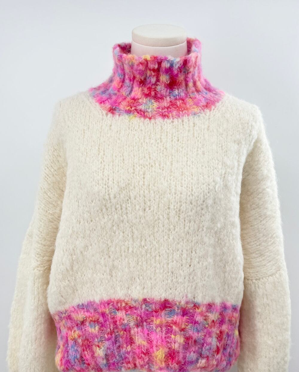 Rose Carmine Ivory Pink Alpaca Wool Sweater Mock Funnel Neck Oversized S